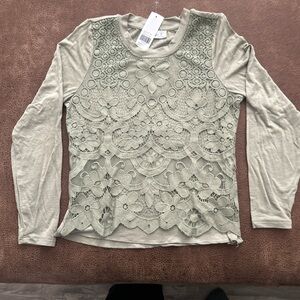 BKE Lace Overlay Long Sleeve Top - Light Green